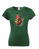 Dámské tričko - barevný saxofon - živý potisk na triko