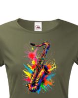 Dámské tričko - barevný saxofon - živý potisk na triko