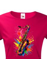 Dámské tričko - barevný saxofon - živý potisk na triko