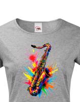 Dámské tričko - barevný saxofon - živý potisk na triko
