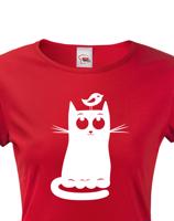 Dámské tričko s kočkou  a ptáčkem - stylový dárek pro milovníky koček