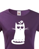 Dámské tričko s kočkou  a ptáčkem - stylový dárek pro milovníky koček