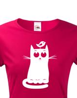 Dámské tričko s kočkou  a ptáčkem - stylový dárek pro milovníky koček