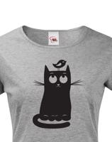 Dámské tričko s kočkou  a ptáčkem - stylový dárek pro milovníky koček