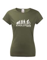 Dámské tričko s potiskem Evoluce cyklistiky. Nejoblíbenější motiv v kategorii.