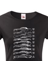 Dámské tričko s potiskem Ford Mustang History Silhouette  -  tričko pro milovníky aut