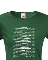 Dámské tričko s potiskem Ford Mustang History Silhouette  -  tričko pro milovníky aut