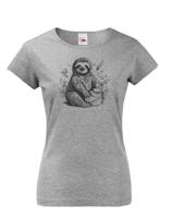 Dámské tričko s potiskem lenochoda a narozeninové párty