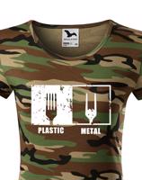 Dámske tričko s potiskem Plastic vs Metal - parodie na metalová trička