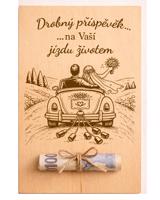 Dřevěná karta na peníze Jízda životem s romantickým gravírovaným motivem.