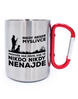 Nerezový hrnek s karabinou Nikdy neser myslivce - vtipný dárek pro myslivce