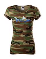 Originální dámské tričko s potiskem potápěče a žraloka