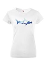 Originální dámské tričko s potiskem potápěče a žraloka