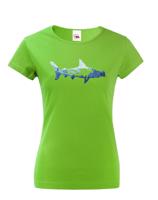 Originální dámské tričko s potiskem potápěče a žraloka