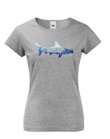 Originální dámské tričko s potiskem potápěče a žraloka