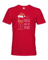Pánské vánoční tričko s potiskem vína a nápisem Drink and be merry