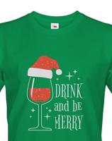 Pánské vánoční tričko s potiskem vína a nápisem Drink and be merry