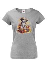 Roztomilé dámské tričko s potiskem pejska v košíku