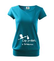 Těhotenské tričko s potiskem Čáp přiletí - vtipný motiv na triko