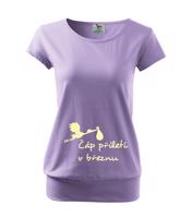 Těhotenské tričko s potiskem Čáp přiletí - vtipný motiv na triko