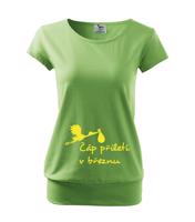 Těhotenské tričko s potiskem Čáp přiletí - vtipný motiv na triko